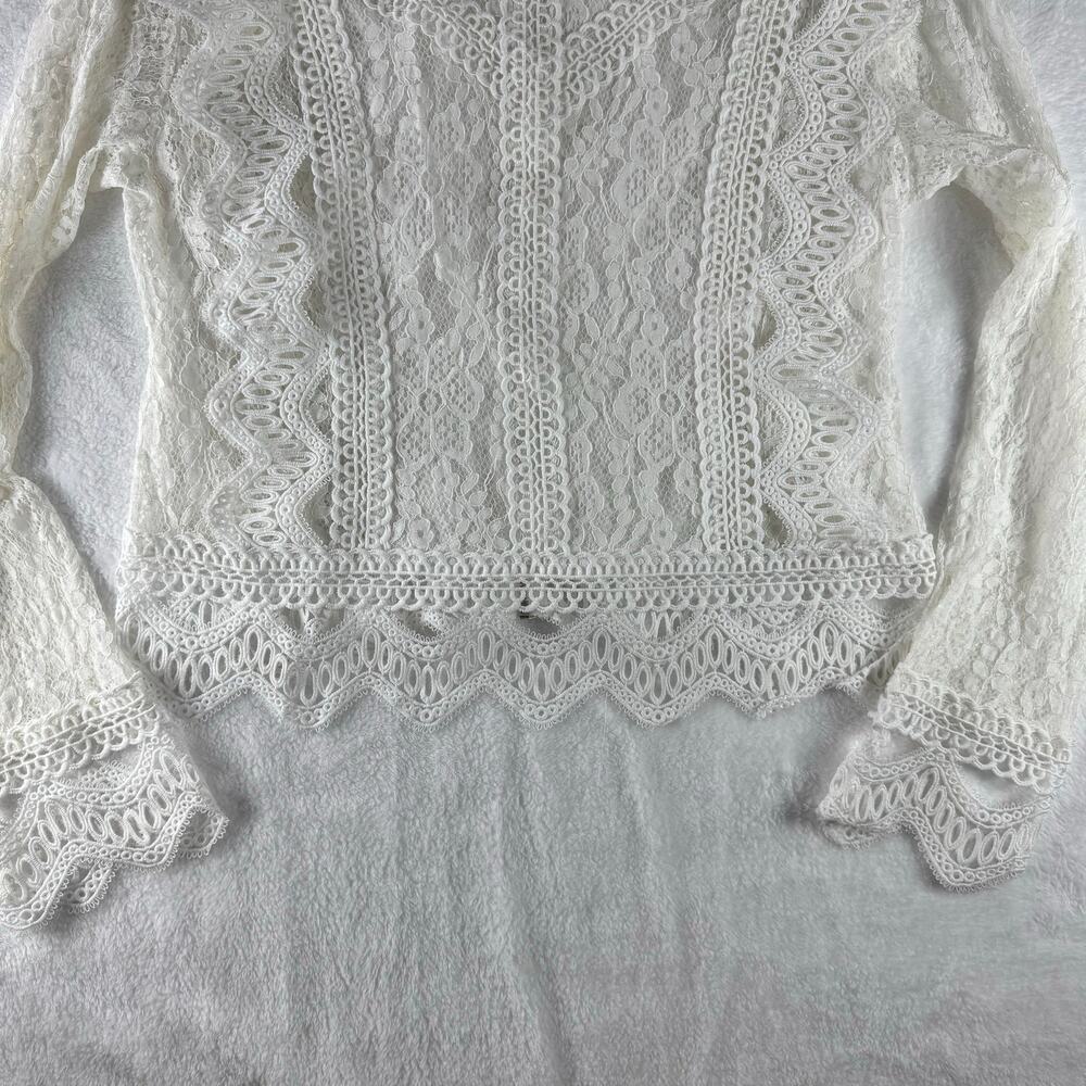 Camisa White Lace Crochet Long Sleeve Blouse Women XL Boho Cottagecore Sheer Top - Picture 3 of 11